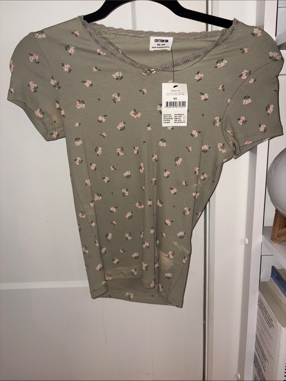 Cotton On Olive Green Floral Ribbed Short Sleeve Top